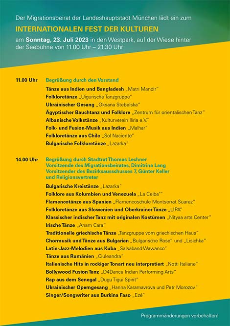 Programm Fest der Kulturen am 23.07.2023 im Westpark München